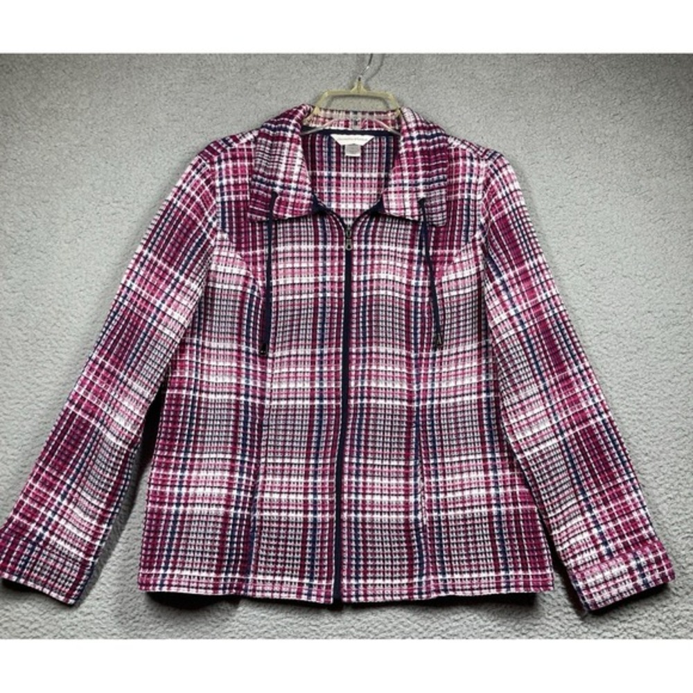 Christopher & Banks Blazer Jacket Women's Large Pink Plaid Full Zip Waffle Knit